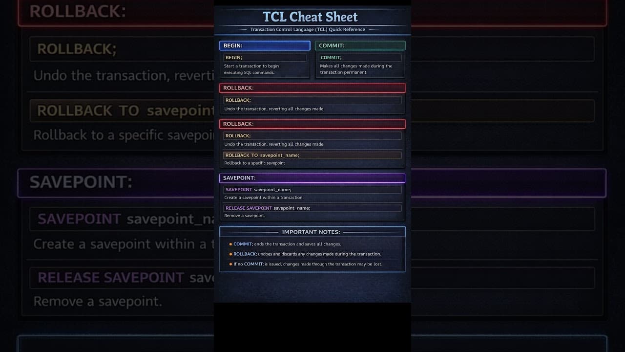 Thumbnail for video: TCL cheat sheet for SQL commands #sql #dbms