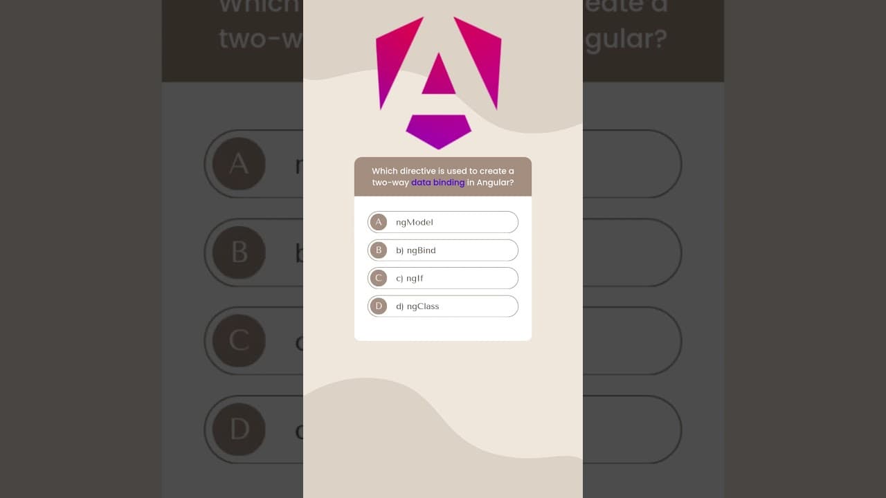 Thumbnail for video: Which directive is used to create a two way data binding in Angular?