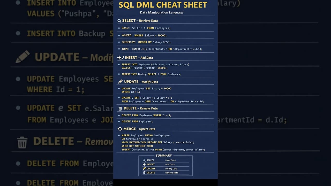 Thumbnail for video: SQL DML Cheat Sheet #sql #sqlserver #dml