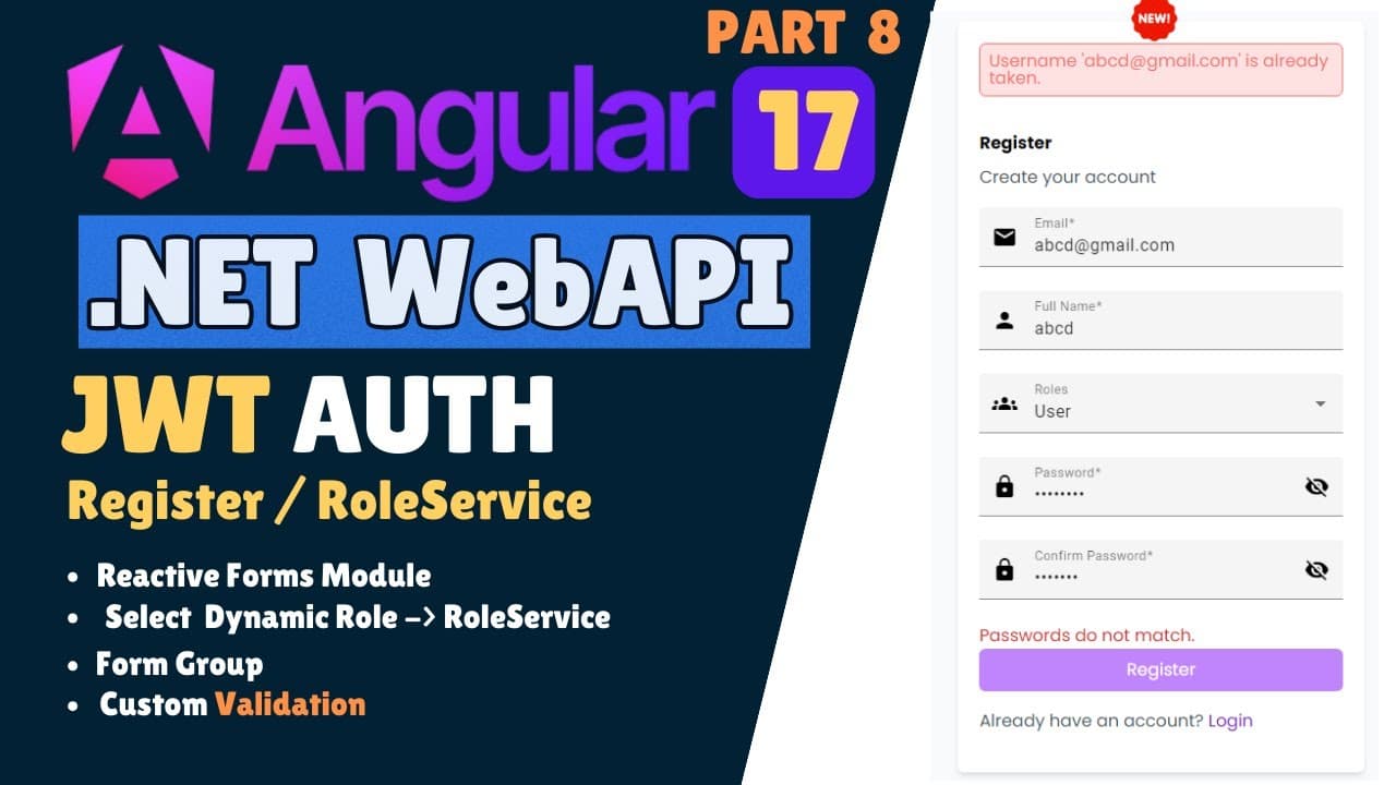 Thumbnail for video: Angular & ASP.NET Core Web API Role-Based Registration Step by Step Guide