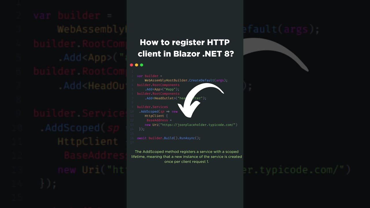 Thumbnail for video: How do I register HTTP client in Blazor .NET 8? #short #csharp #net8 #blazor